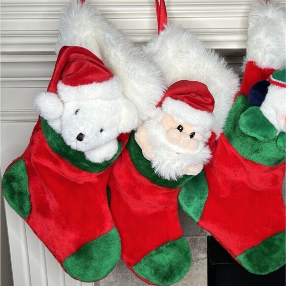Vintage 3D White BEAR CHRISTMAS STOCKING Green Red Hat Prima Creations - Picture 5 of 5